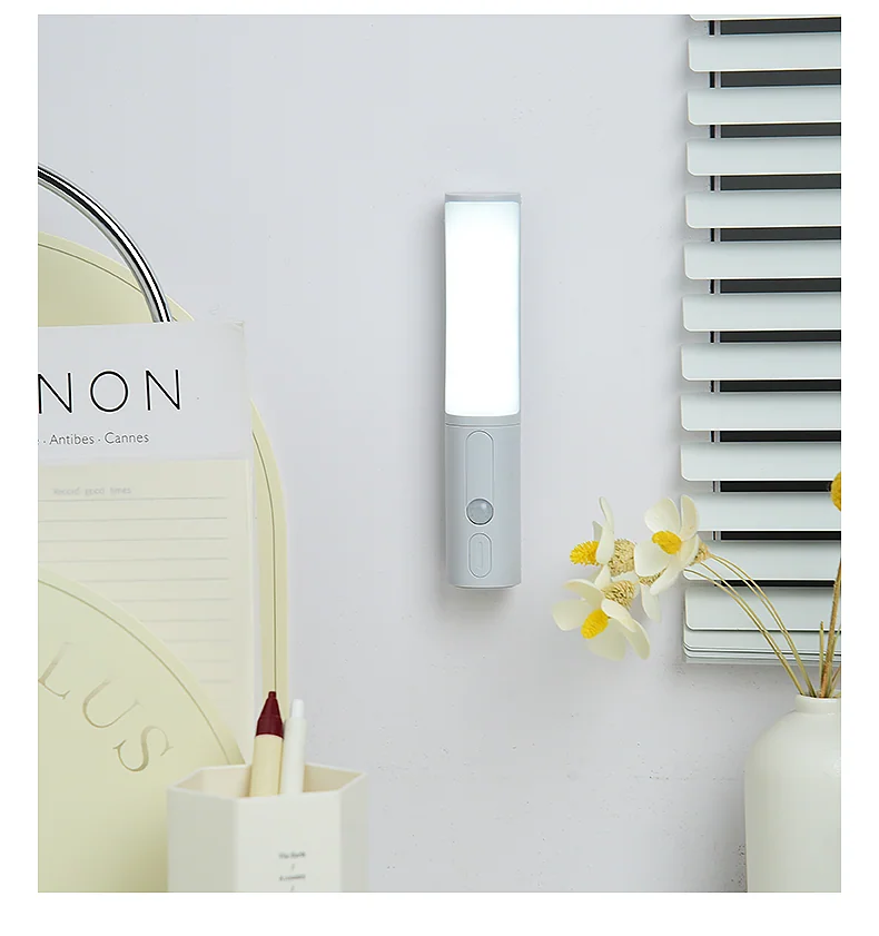 Luma casting light over a small shelf and flowers